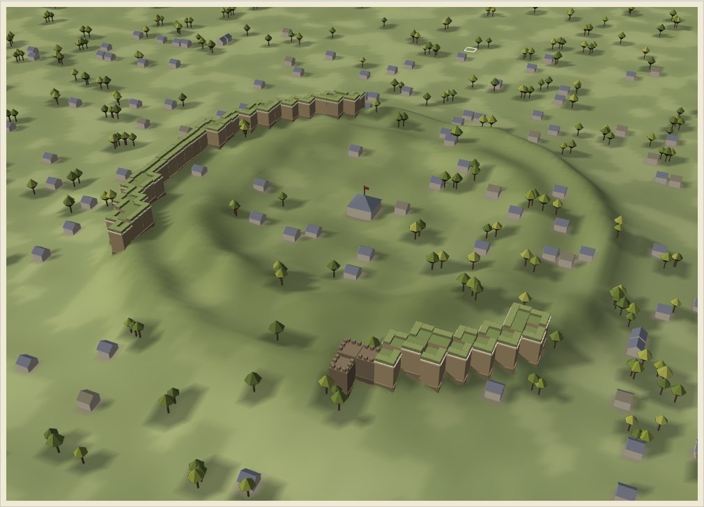 Relief view of a town on its own mound, ringed by the ridges of older walls