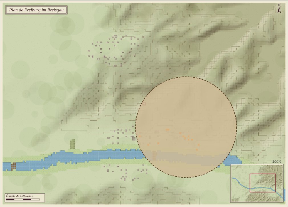 Plan of the excavation: a round pit cut into the old town, revealing buried layers